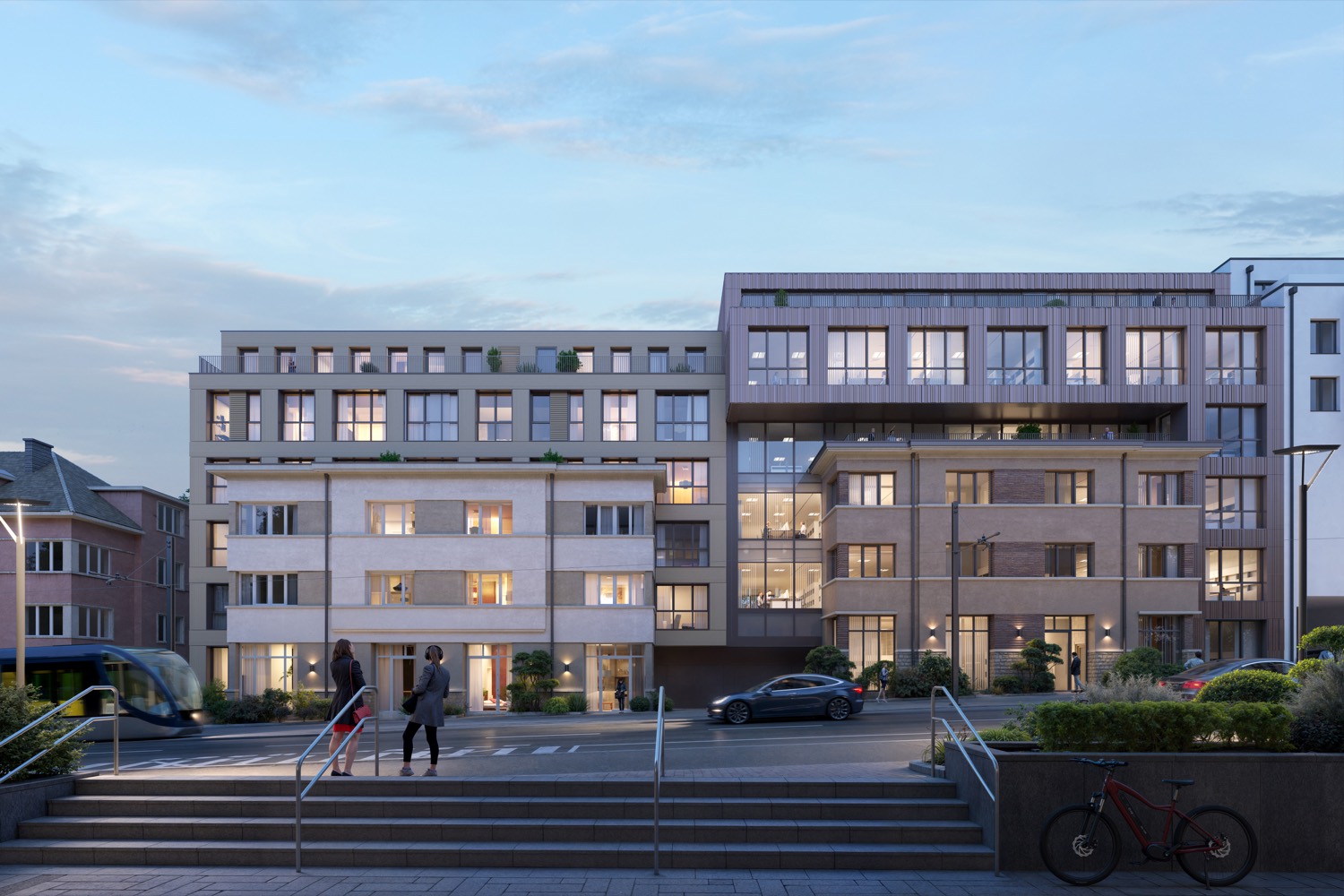 Rise and Heights — façade sur rue au crépuscule, Belair Luxembourg