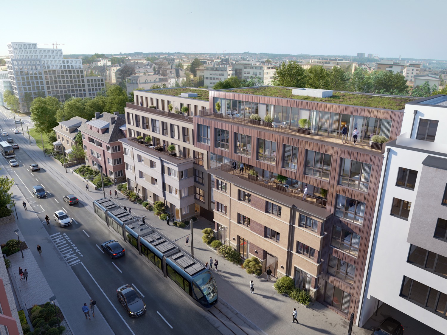 Rise and Heights — vue aérienne du quartier et tram, Belair Luxembourg