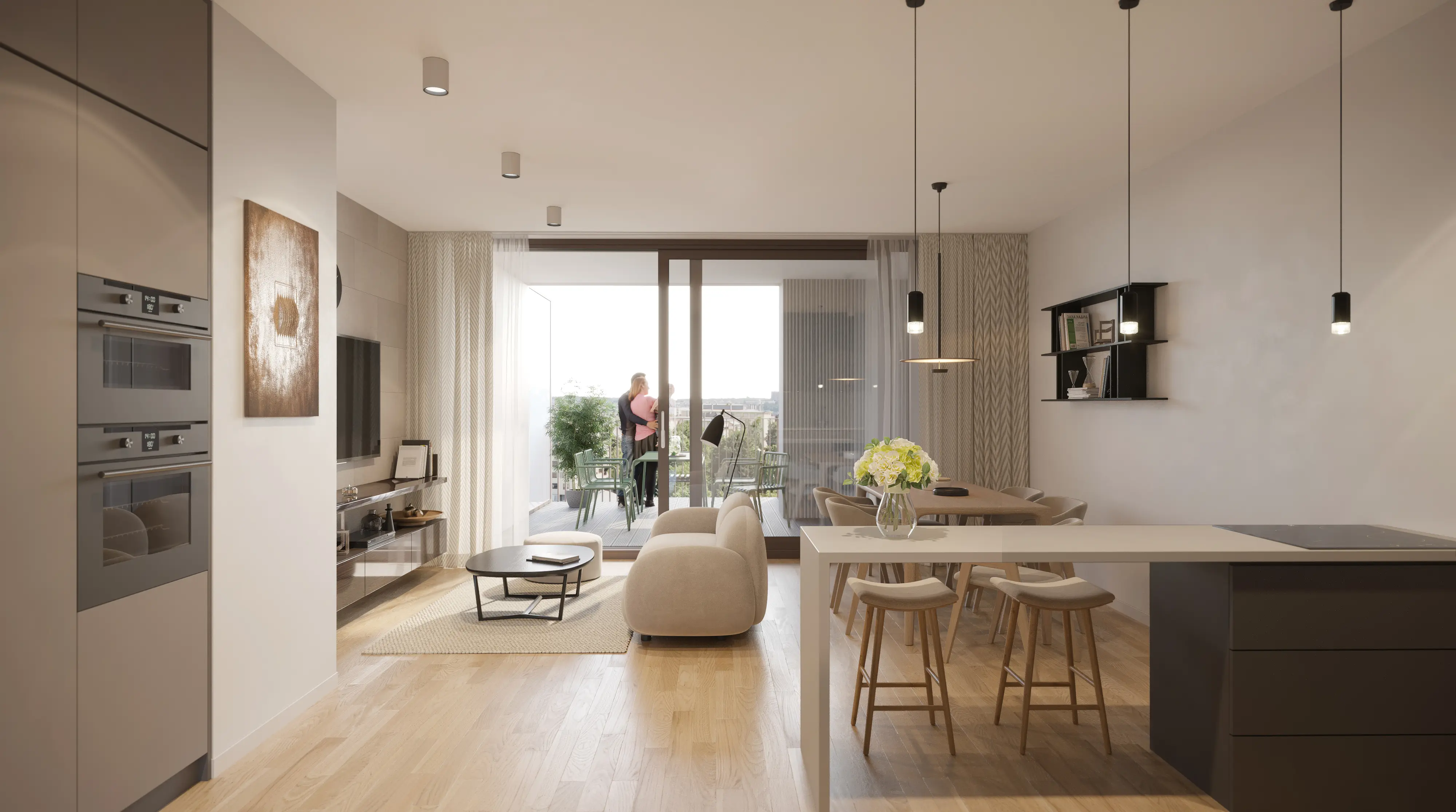 Rise and Heights — kitchen opening onto an apartment’s living room