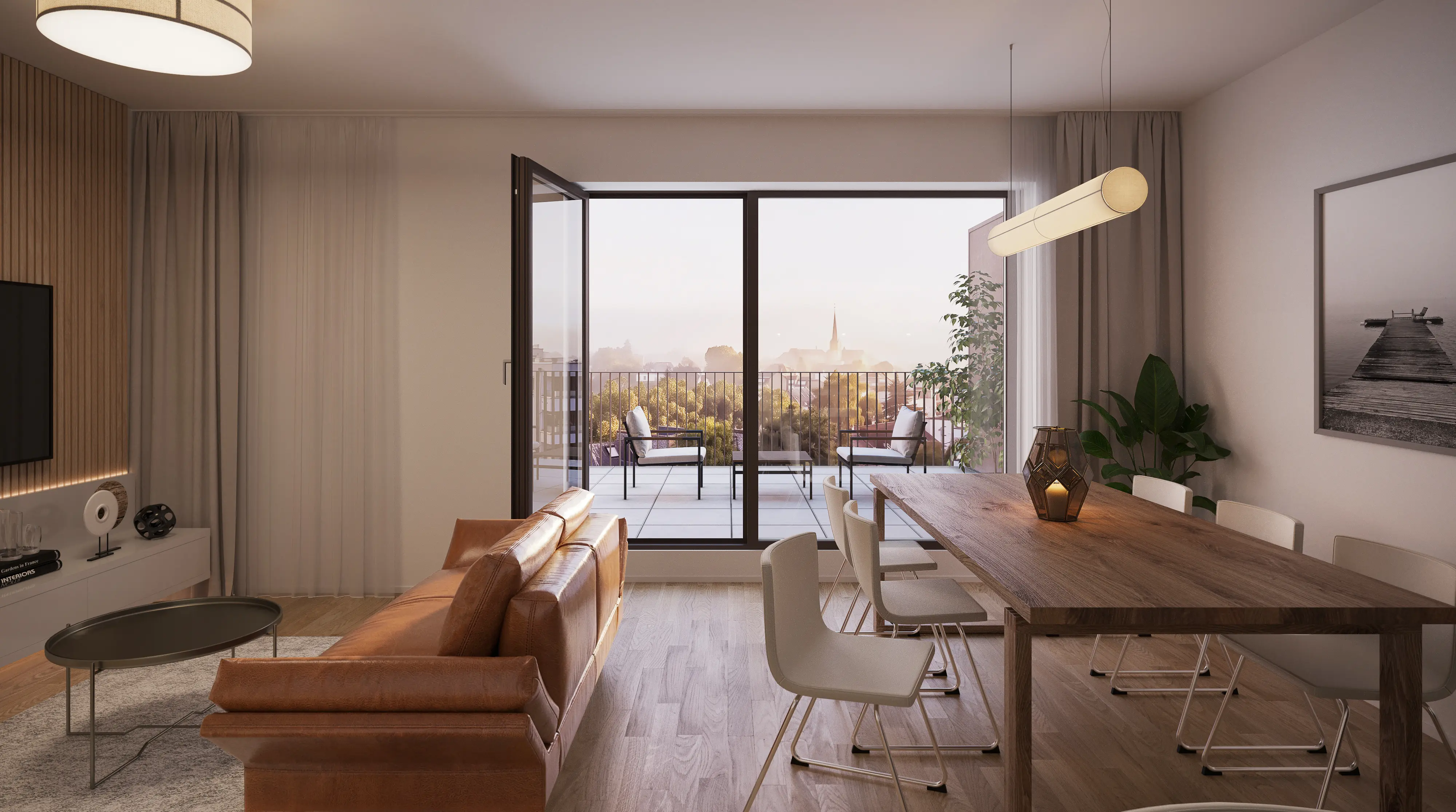 Rise and Heights — living room opening onto an apartment’s balcony