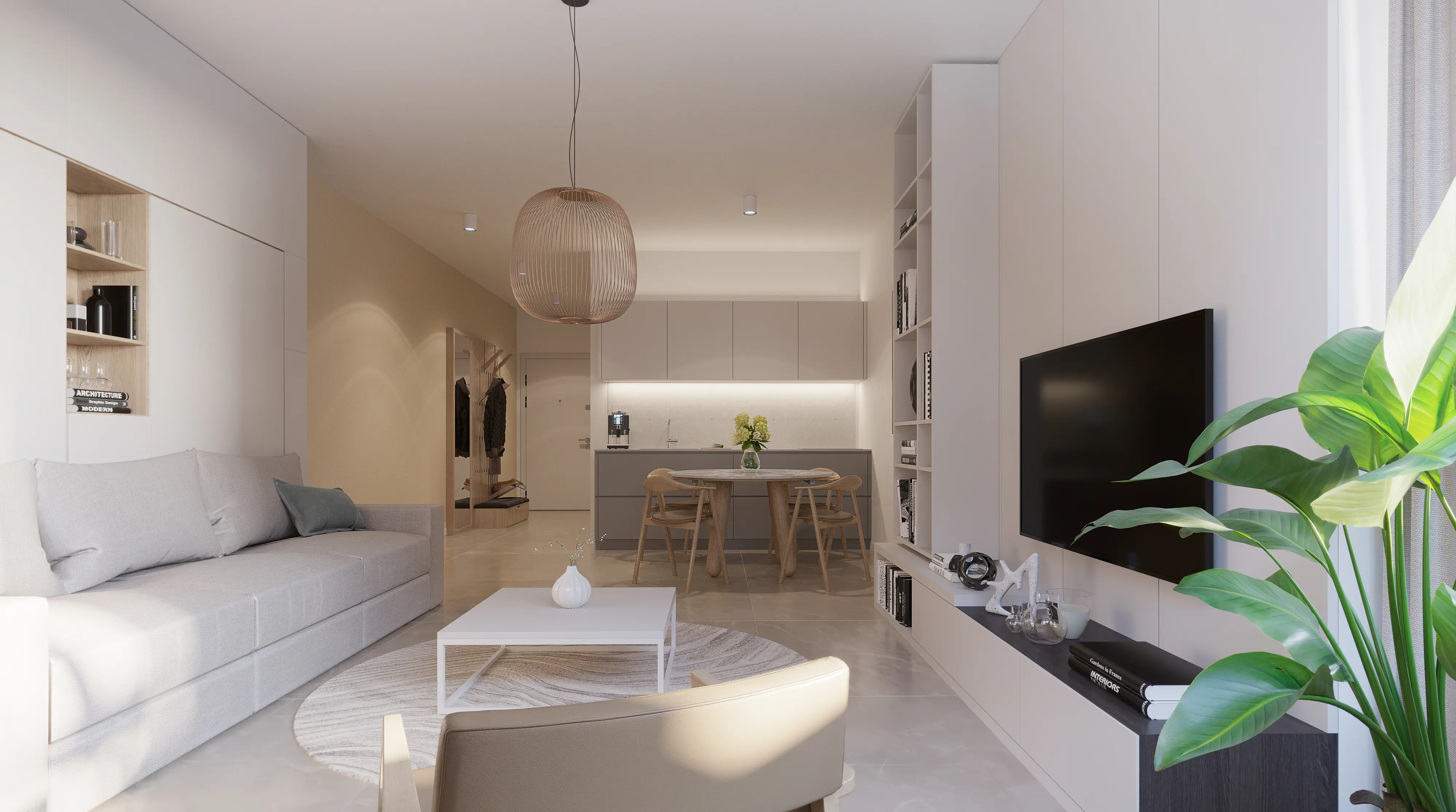Rise and Heights — living room opening onto an apartment’s kitchen