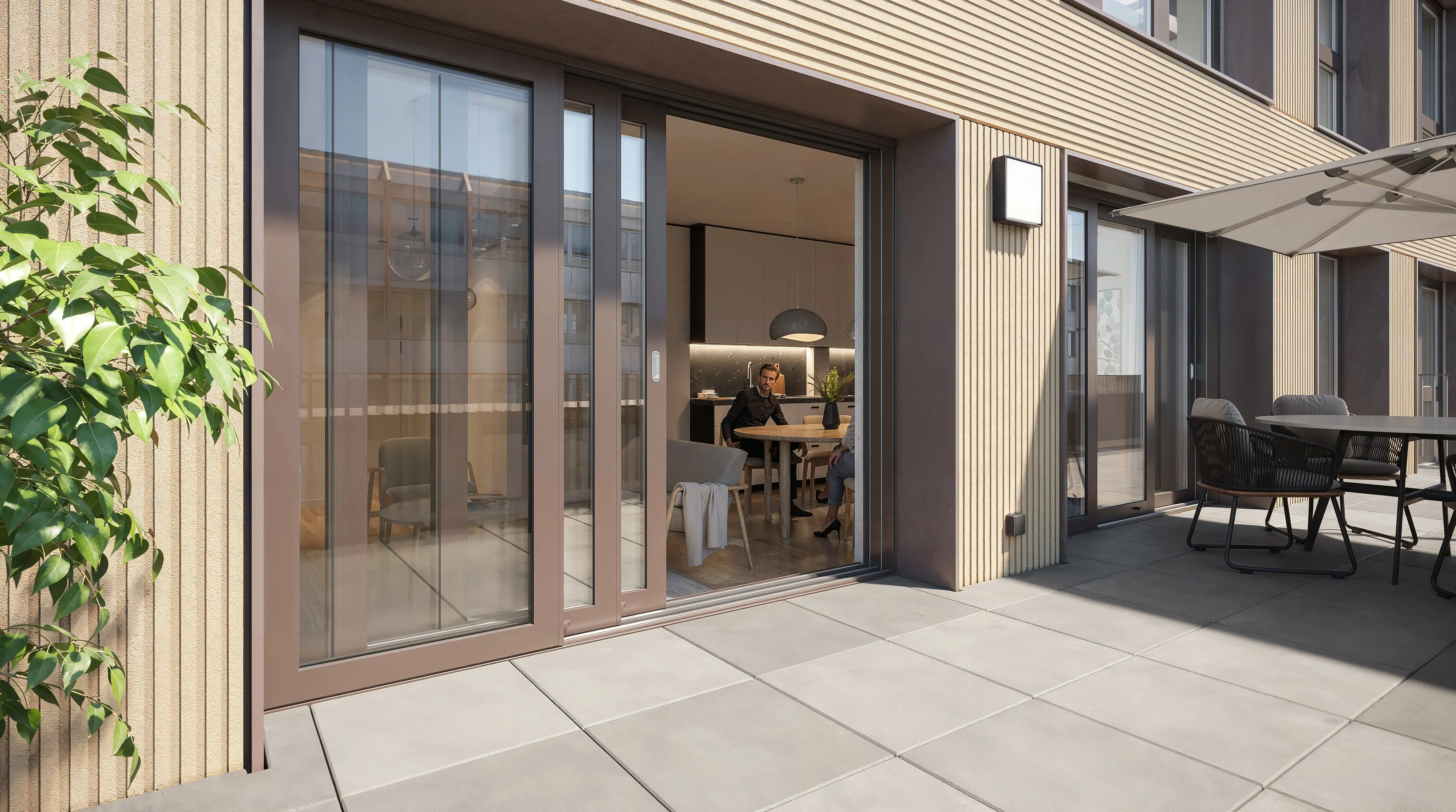 Rise and Heights — garden-level terrace, the picture window open onto the living room