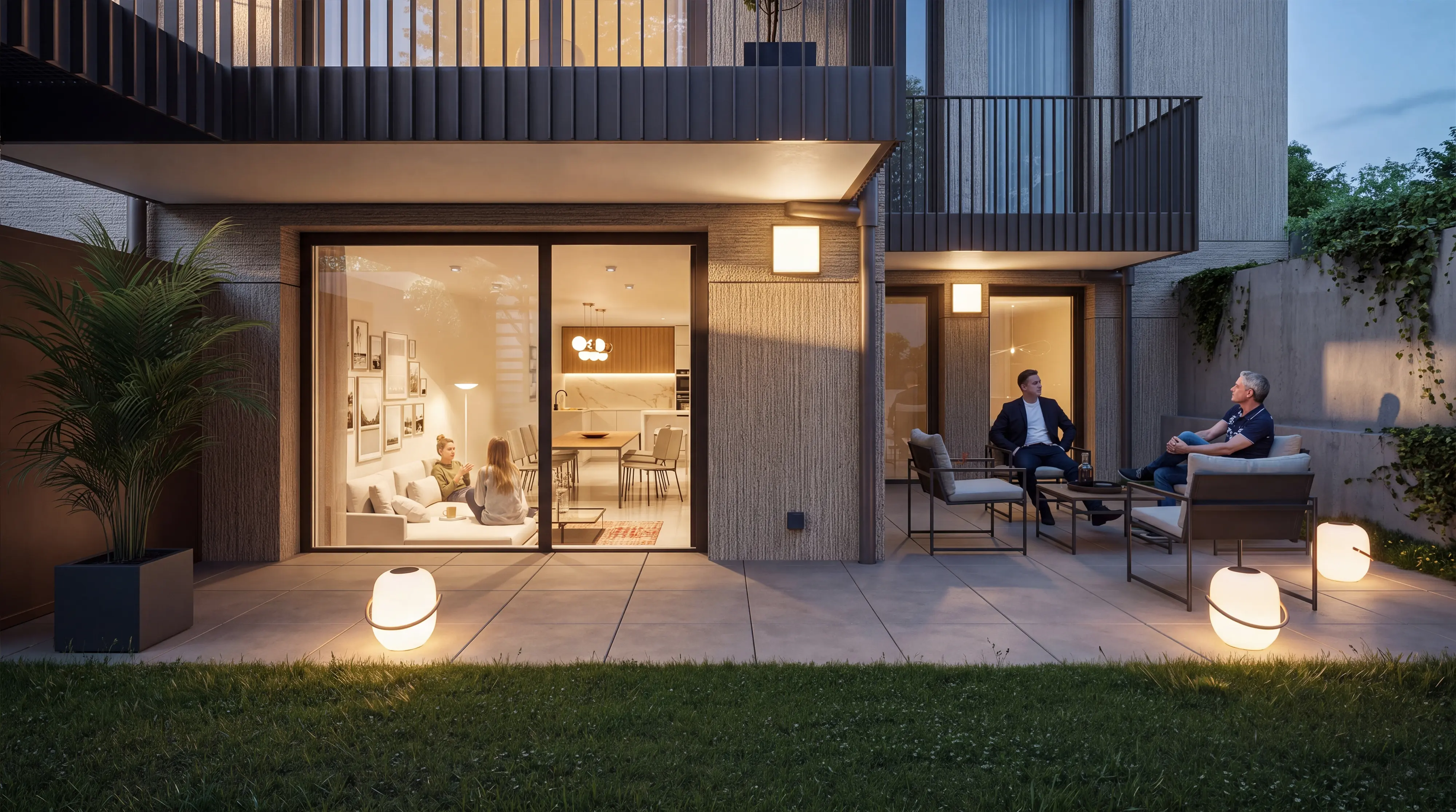 Rise and Heights — garden-level terrace in the evening