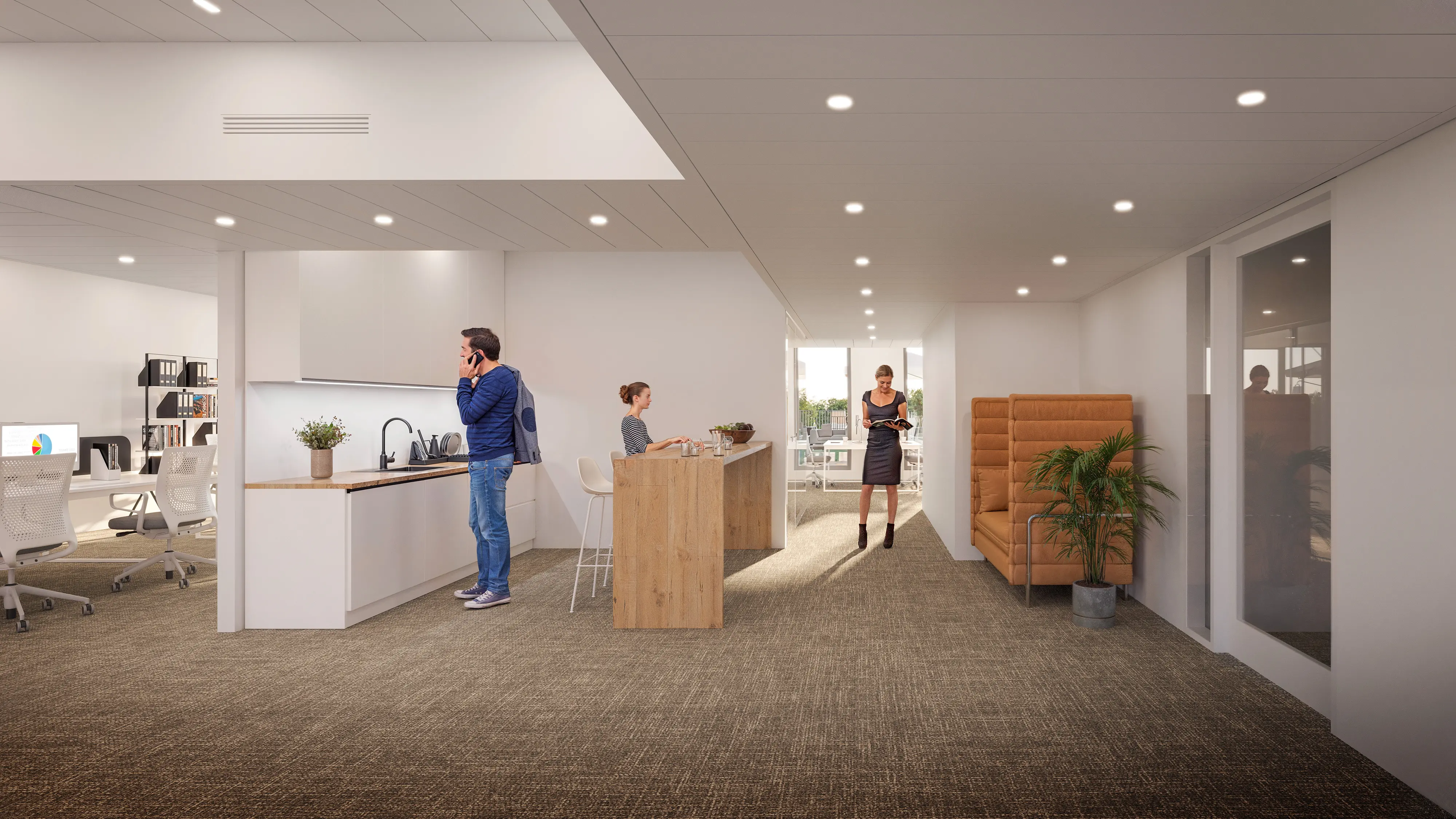 Rise and Heights — office kitchenette and breakout area
