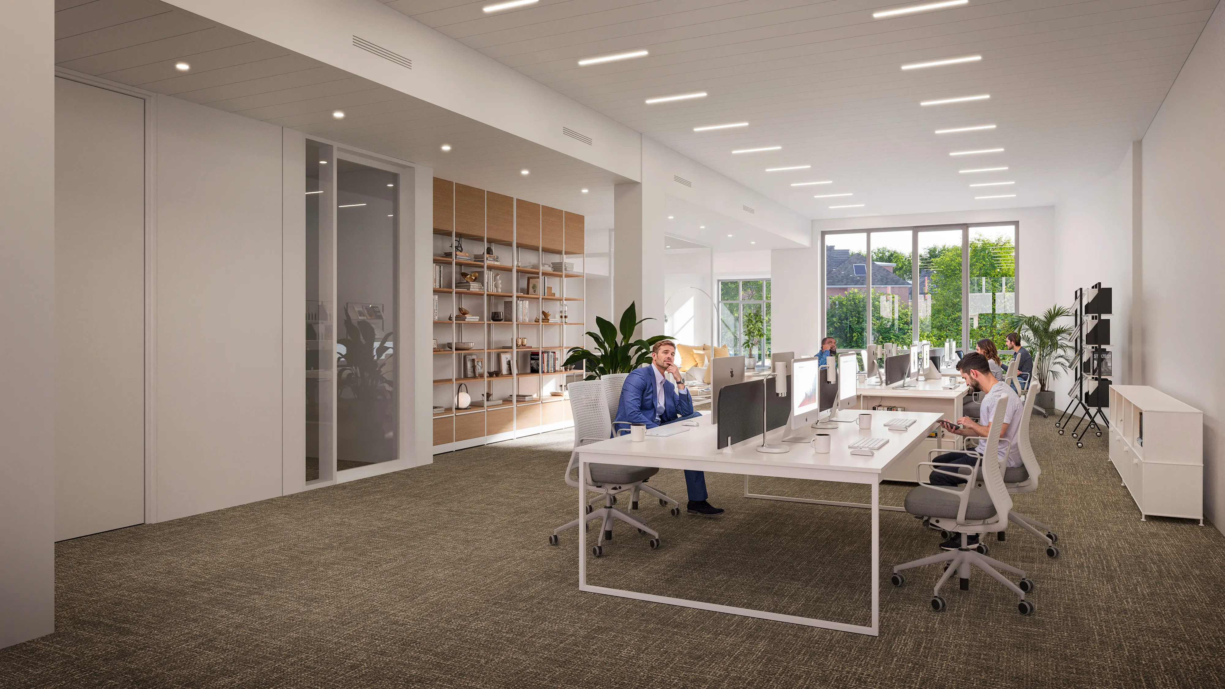 Rise and Heights — open-plan workspace with shelving and a glass-walled meeting room