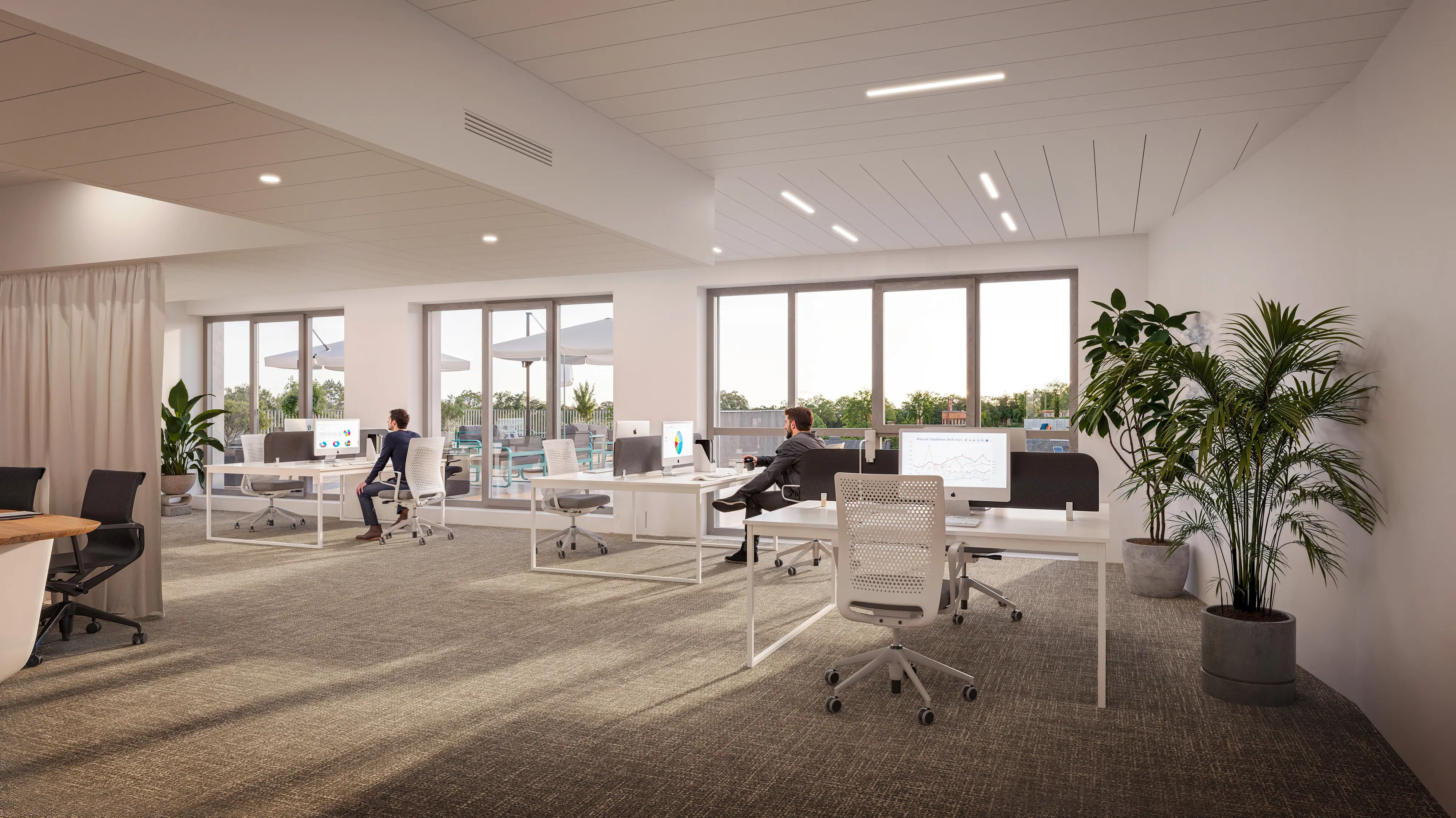 Rise and Heights — bright office floor, large picture windows onto the terrace