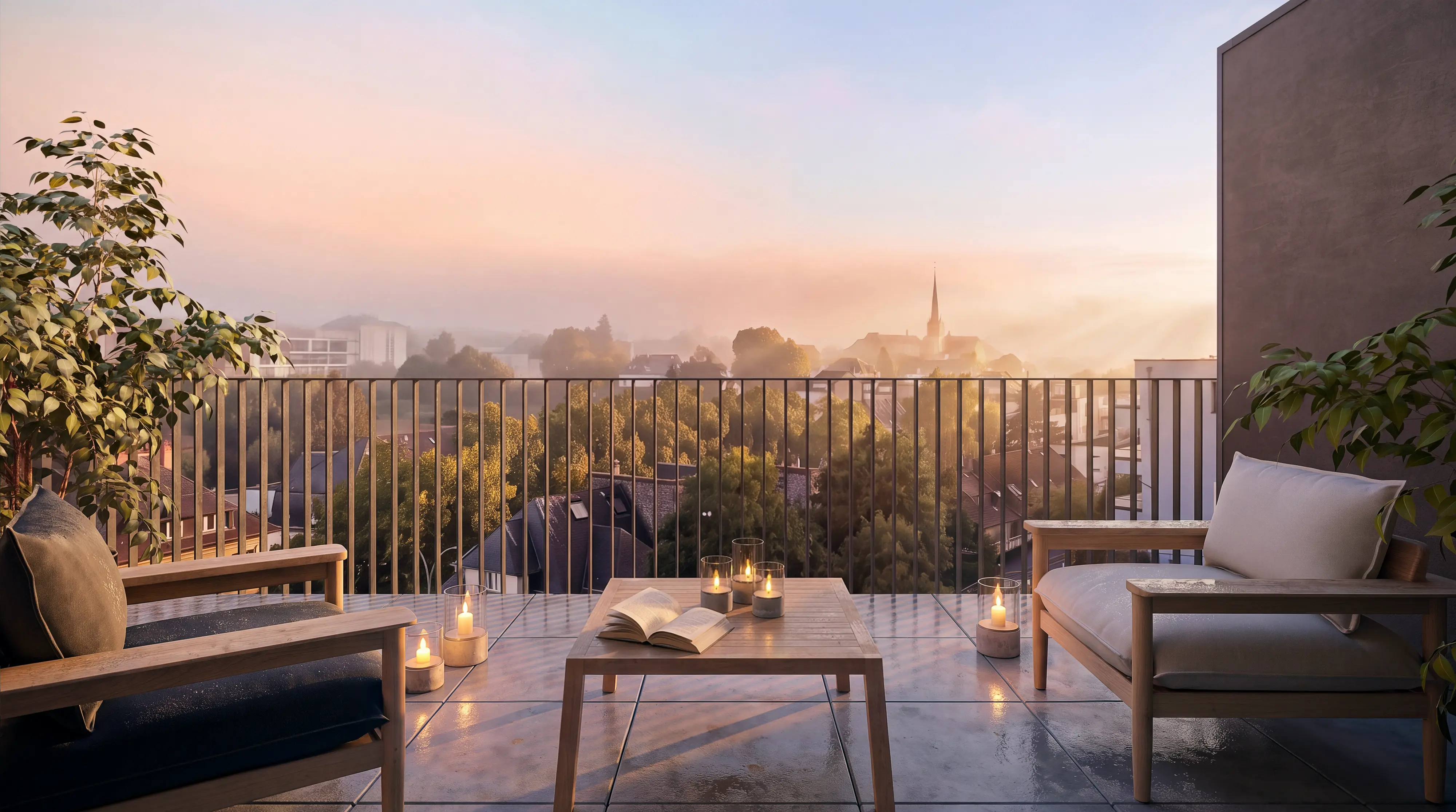 Rise and Heights — terrace at dusk, overlooking the greenery and rooftops of Belair, Luxembourg